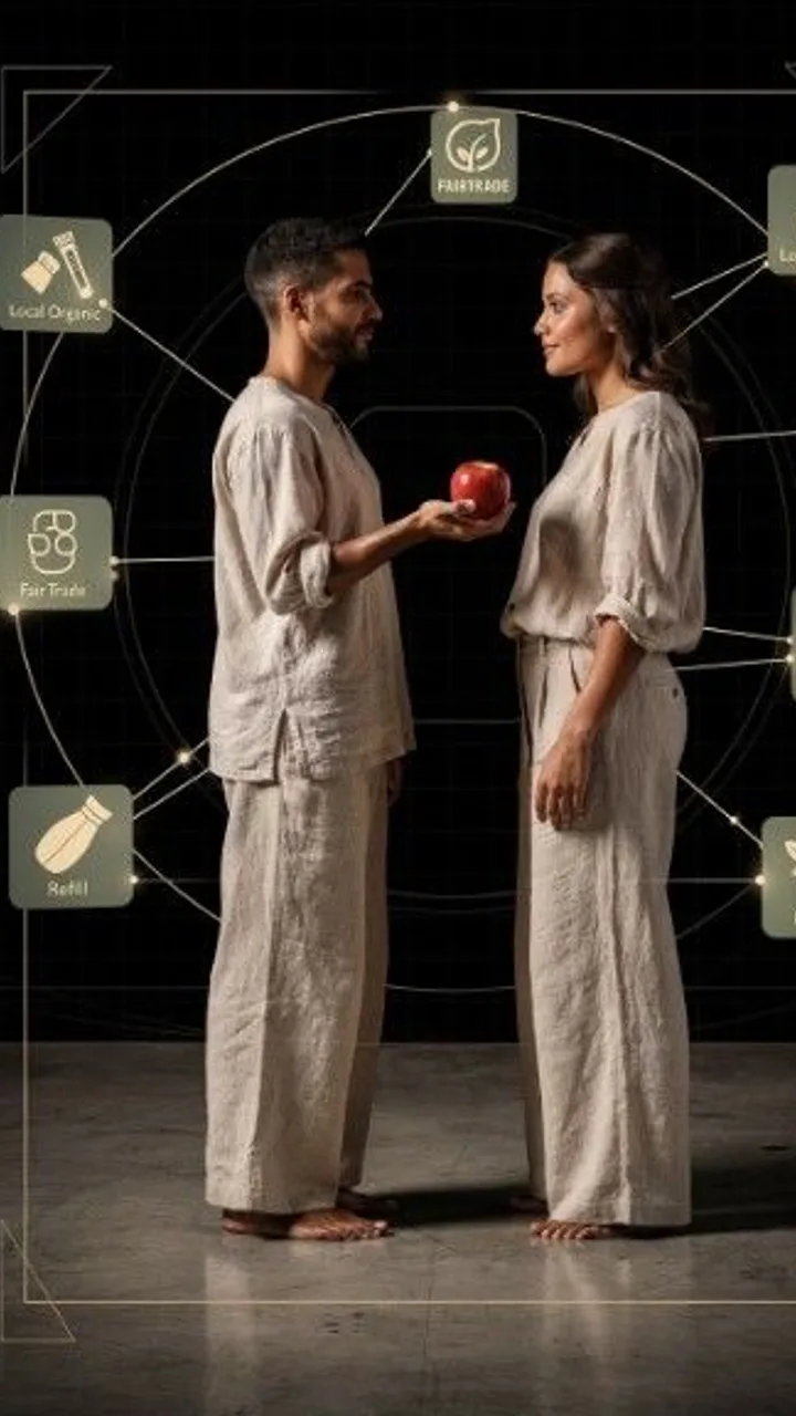 Pareja ofrece una manzana curada bajo nodos dorados de confianza · V-Green Marketplace The Gift